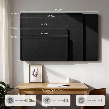 Large Bulletin Board, 60 X 35 Inches Felt Cork Board with 40 Pushpins, Foldable Felt Notice Pin Board Photo Display Board with Self-Adhesive Tape for Office Home School (Black, 60x35 inch)