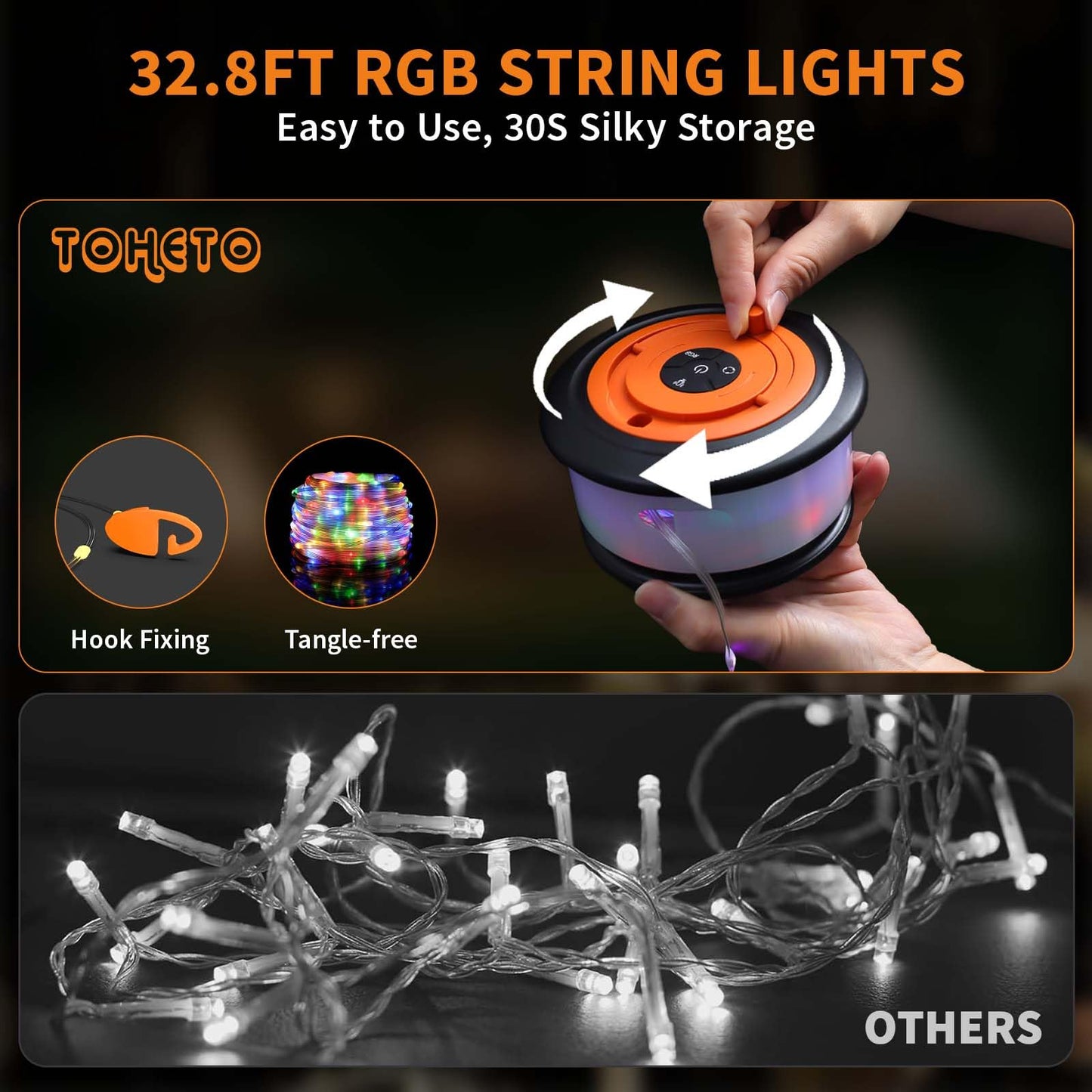 TOHETO Camping String Lights, 3 in 1 Upgraded Retractable RGB Outdoor String Lights with 19 Lighting Modes,Quick 30s Recovery, 32.8 FT Portable Tent Lights, Rechargeable Camping Lantern (Black&Orange)