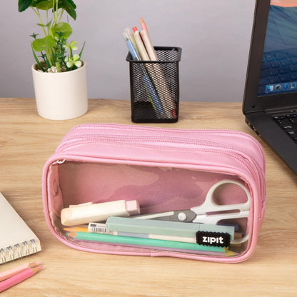 ZIPIT Half & Half Pencil Case for Girls, Aesthetic 3 Compartment Zipper Pouch for School, Stationery Bag for Teen and Adults, Pink