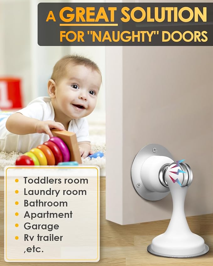 Magnetic Door Stoppers 2 Pack, Door Stops for Wall and Floor Mounting, Door stoppers for Bottom of Door Door Holder Keep Door Open, No Drilling Door Stop with 3D Adhesive Tapes