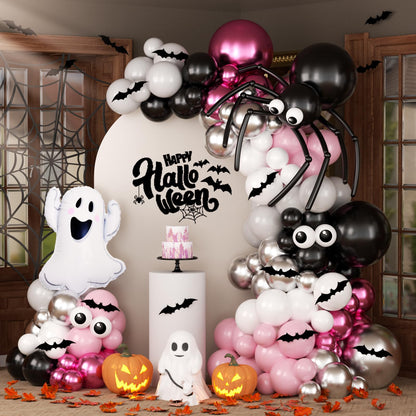 136Pcs Halloween Balloon Garland Arch Kit with Pink White Black Sliver Grey Eyes Balloons, Ghost Foil Balloon, Bats, Spider Web for Halloween Party