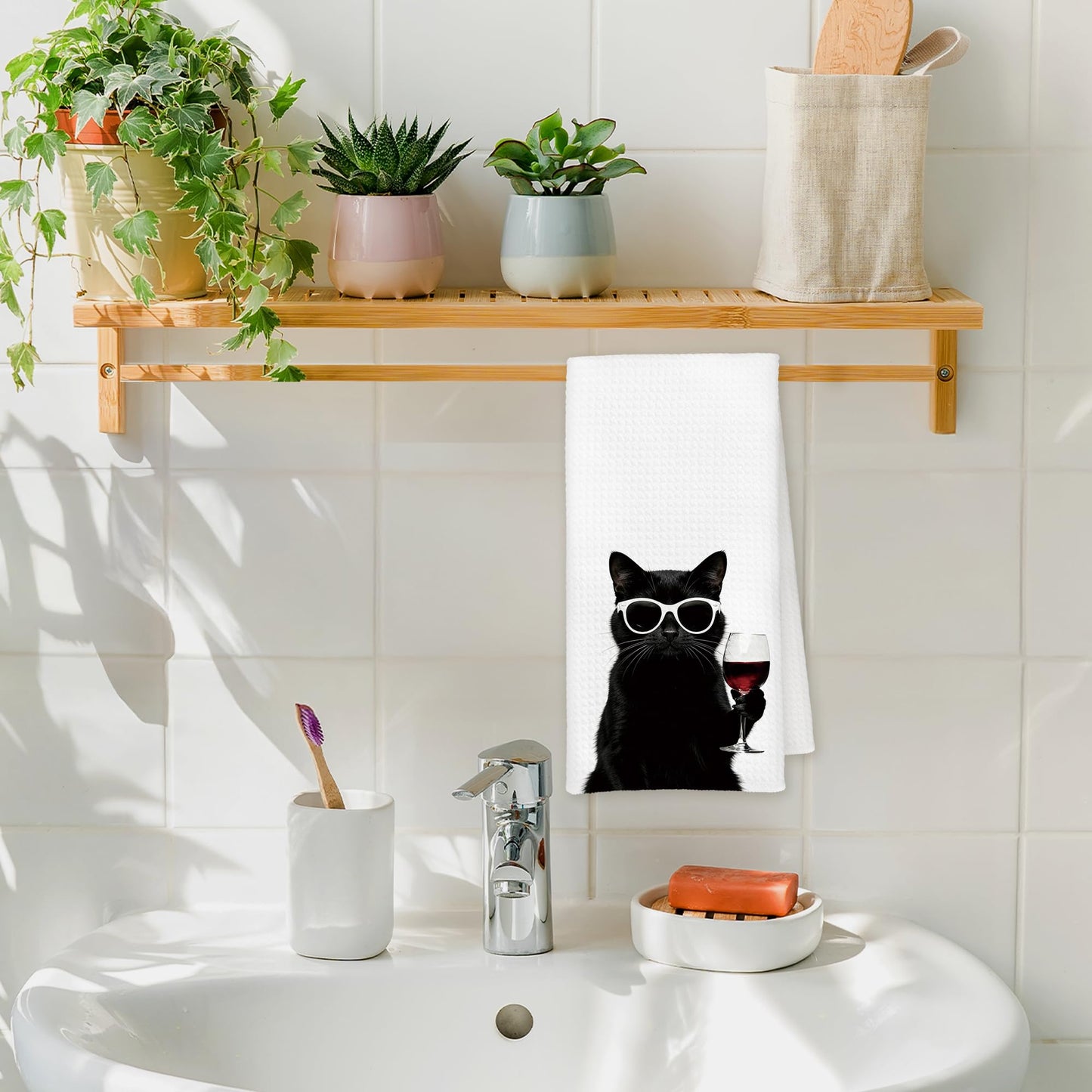 Qskjre Funny Black Cat Wine Kitchen Towels, Cat Mom Gifts for Women, Black and White Cats Decor, Wine Lover Gift Decorative Hand Tea Dish Towel for Kitchen Bar Cart Decor,16x24 Inch