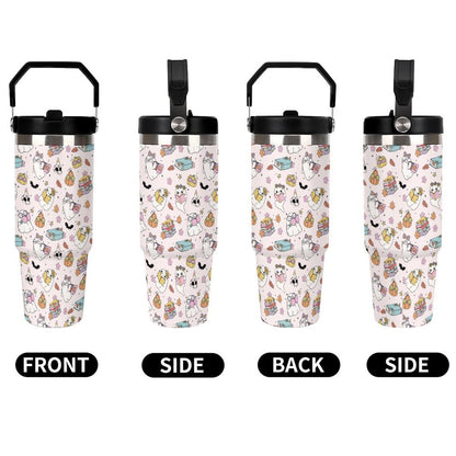 TOUNHEYA Halloween Tumbler with Handle Flip Straw Pink 30oz Insulated Stainless Steel Cup Ghost Reading Book Travel Coffee Mug Water Bottle for Women