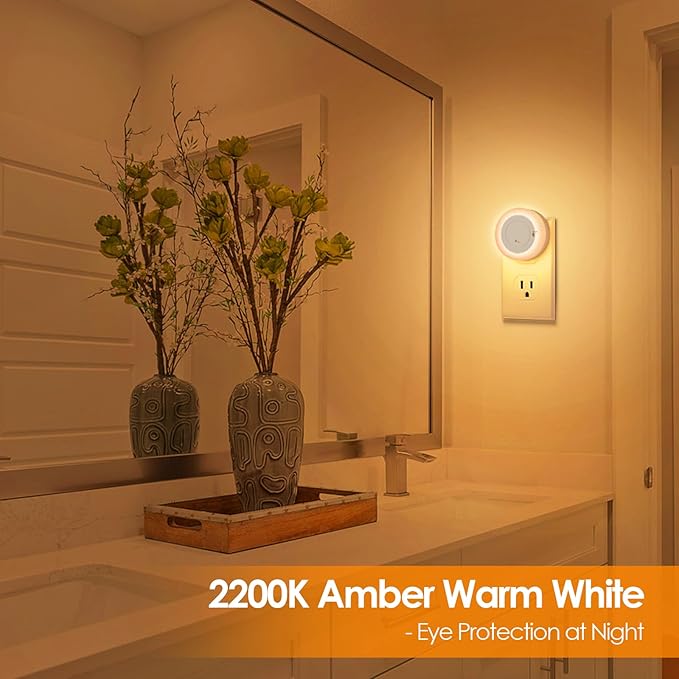 FOLKSMATE LED Night Lights Plug into Wall, Dimmable Plug in Nightlight with Auto Light Sensors for Adults, Kids Room, Bedroom, Bathroom, Hallway, Kitchen, Stairs, Amber White, 2-Pack