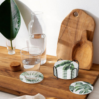 Coasters for Drinks Absorbent with Holder,Floral Pattern with Tropical Leaves Sets of 6 Durable Cup Coaster for Coffee Table Protection,Great Housewarming Birthday Gifts,Home Decor
