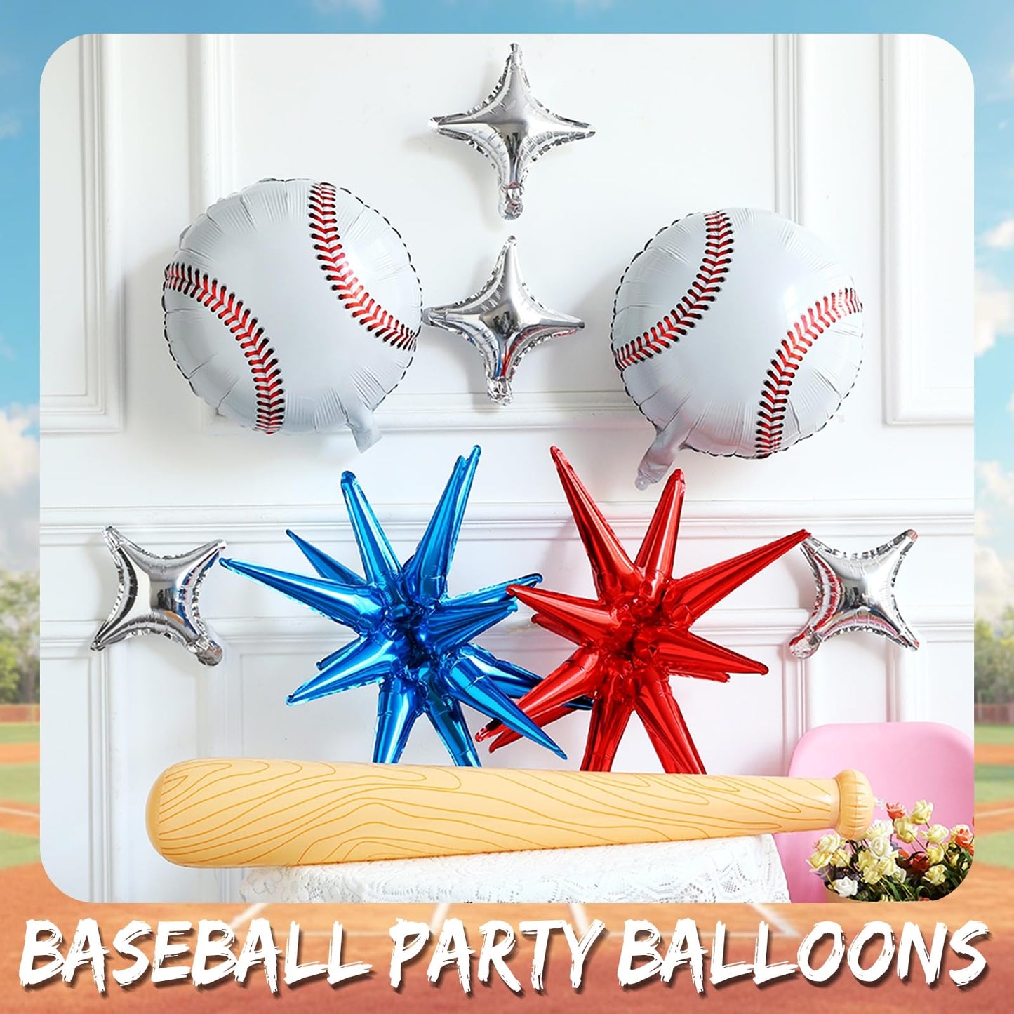 Baseball Balloon Arch Kit,134Pcs Navy Blue Red Sand White Balloon Garland with Baseball,Baseball Bat,Explosion Star Foil Balloons for Sports Theme Baby Shower Rookie Year 1st Birthday Party Decoration
