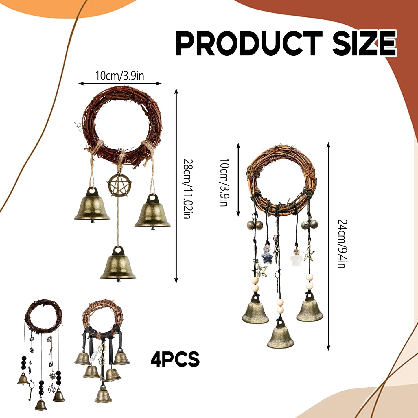 4 Pcs Witch Bells Protection Door Knob Hanger Witch Wind Chime, 3.1 Inch Wreath Handmade Door Hanger Bell for Clear Negative Energy Witchcraft,Home Door Doorknob Witchcraft Decor Supplies(Round Bell)