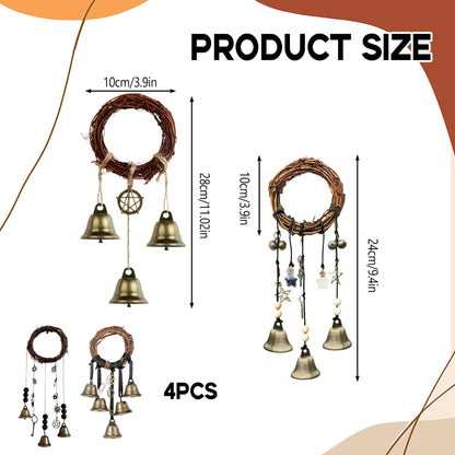 4 Pcs Witch Bells Protection Door Knob Hanger Witch Wind Chime, 3.1 Inch Wreath Handmade Door Hanger Bell for Clear Negative Energy Witchcraft,Home Door Doorknob Witchcraft Decor Supplies(Round Bell)