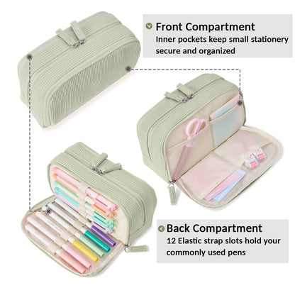 Sooez Big Capacity Pencil Case Pen Pouch, Soft Corduroy Pencil Bag with 3 Compartment, Multiple Pockets, Sturdy Zipper, Cute School Supplies Pen Bag Organizer For Teen Girls College, Green