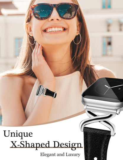JR.DM Leather Bands Women Compatible with Apple Watch 40mm 38mm 44mm 45mm 41mm 42mm 46mm 49mm Dressy Slim Fancy Strap with X-Shaped Metal Crown for iWatch Series Ultra/SE/11/10/9/8/7/6/5/4/3/2/1 Black