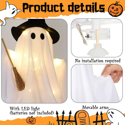 Leinuosen Light Up Disco Ghosts Halloween Decorations Indoor Spooky Ghosts with String Lights Witch Hats Broom Halloween Table Decor for Home Party Table Mantel Room Kitchen Haunted House (Fabric)