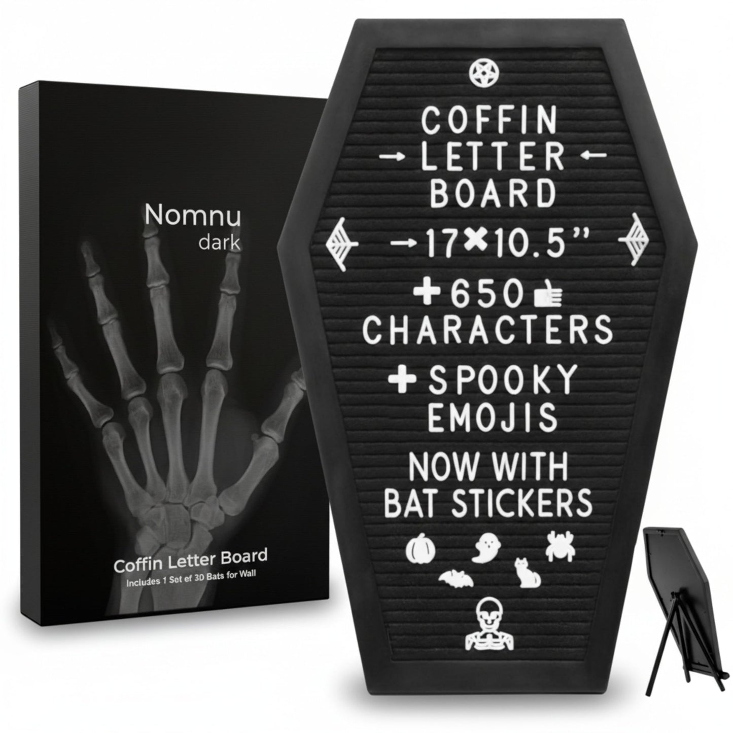 Nomnu Coffin Letter Board Black +3D Bat Stickers +650 Characters, Spooky Seasonal Emojis, Wooden Stand - 17x10.5 Inches - Coffin Shaped Goth Decor Sign Halloween Decorations Gothic Decor Birthday Home Spooky Gifts