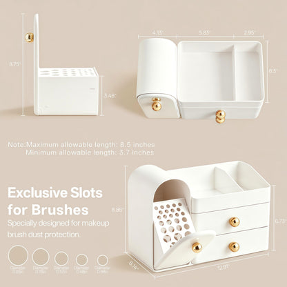 HBlife Makeup Organizer Countertop with Drawers, Vanity Organizers with Brush Holder, Bathroom Counter Organizer for Perfume, Nail Polishes, Lipsticks, Skincare and Eyeshadow Palettes, White