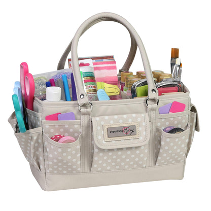 Everything Mary Deluxe Store & Tote Organizer – Tan Dot Craft Tote with Handle – Art Supply Caddy for Sewing, Scrapbooking, DIY Projects & Creative Tool Storage