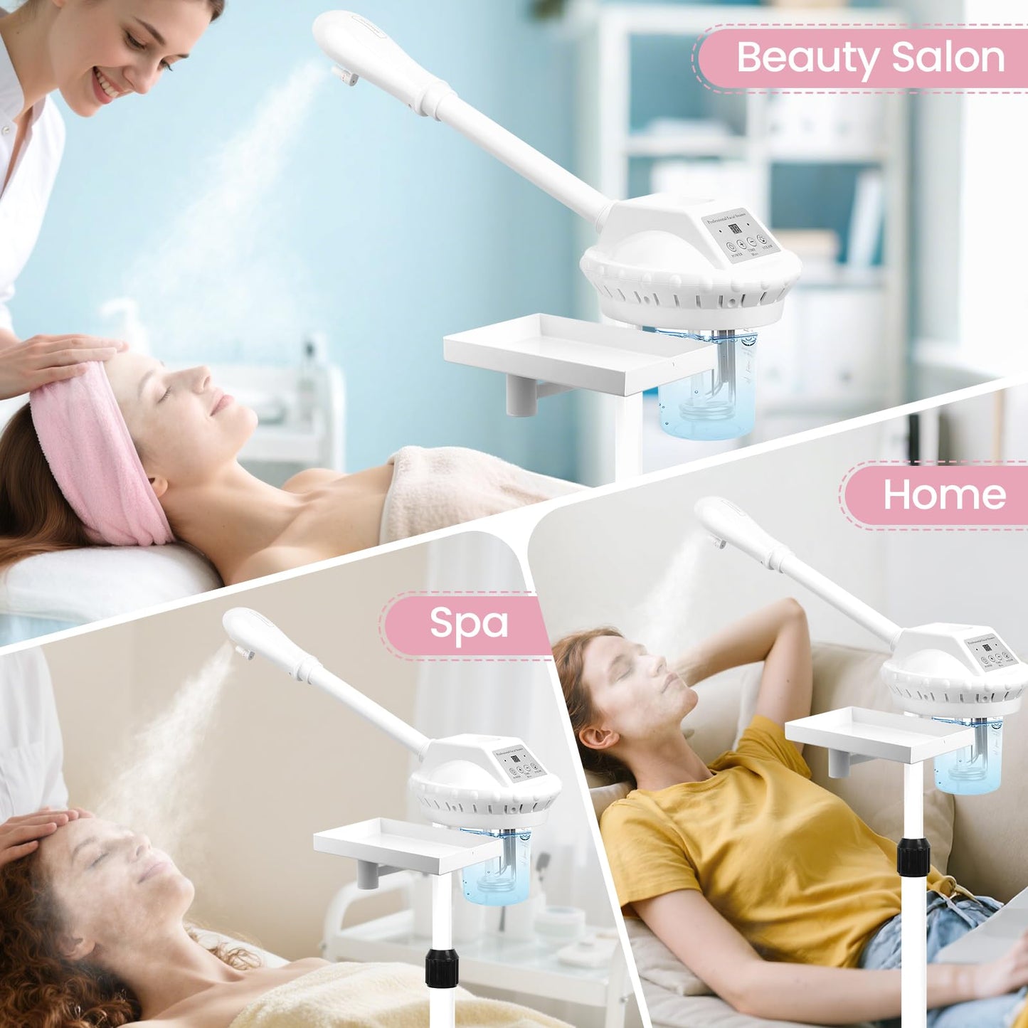 Professional Facial Steamer, 2In1 Face Steamer on Wheels for Facial Deep Cleaning, SPA Facial Steamer for Esthetician with 5X Magnifying Lamp, Stand Face Steamer with Time Setting, Pink