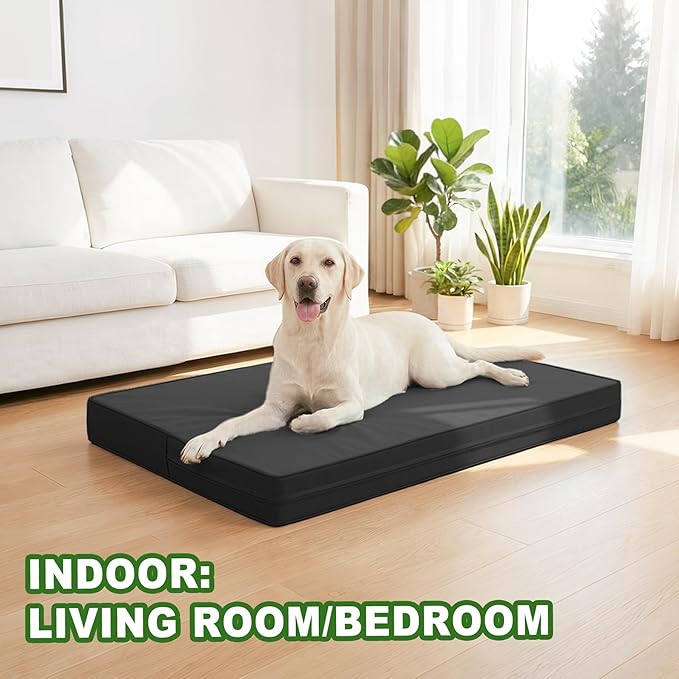 Vonabem Outdoor Dog Bed Waterproof Washable, XXL Large Crate Pad 48 Inch, Cooling Wipeable Leather Pet Beds with Removable Cover, Durable Foam Anti-Slip Kennel Pad 47"x29" Black