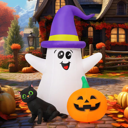 GOOSH 5 FT Halloween Inflatables Ghost Outdoor Decorations Blow Up Yard Cute Wizard Ghost with Black Cat Pumpkin with Built-in LEDs for Garden Lawn Indoor Party Decor