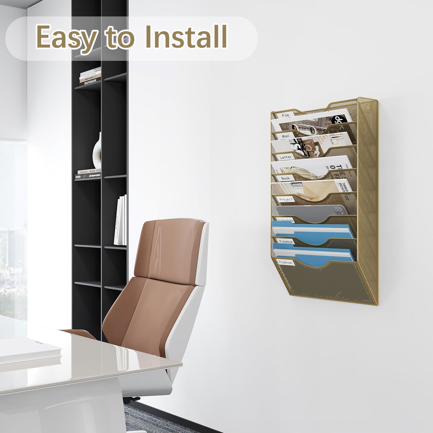 EasyPAG 8 Pocket Mesh Wall File Organizer, Hanging Paper Folder Holder with Classify Label, Vertical Wall Mount Mail Organizer for Office Home Classroom, Gold