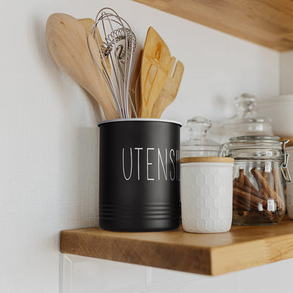 Bivvclaz Kitchen Utensil Holder, 6.7" Utensil Holder for Kitchen Counter, Cooking Utensil Crock with Cork Bottom, Modern Farmhouse Decor, Countertop Utensil Storage Organizer Caddy, Black