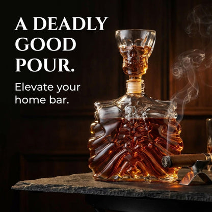 Godinger Whiskey Decanter and Shot Glass, Skull Skeleton Decanter, Halloween Decor, Skeleton Decorations, Liquor Decanter and Whiskey Glass Shot Glasses Set, Halloween Decorations - 32oz