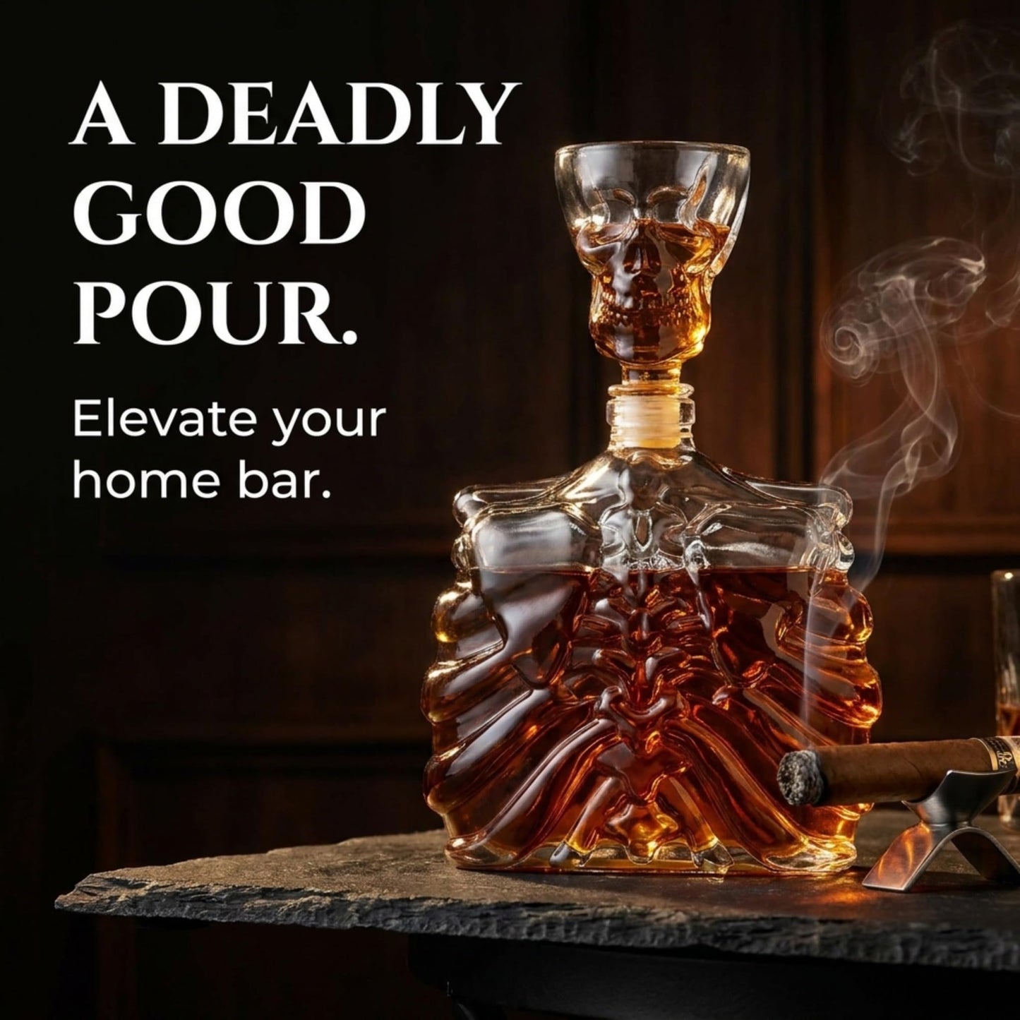 Godinger Whiskey Decanter and Shot Glass, Skull Skeleton Decanter, Halloween Decor, Skeleton Decorations, Liquor Decanter and Whiskey Glass Shot Glasses Set, Halloween Decorations - 32oz