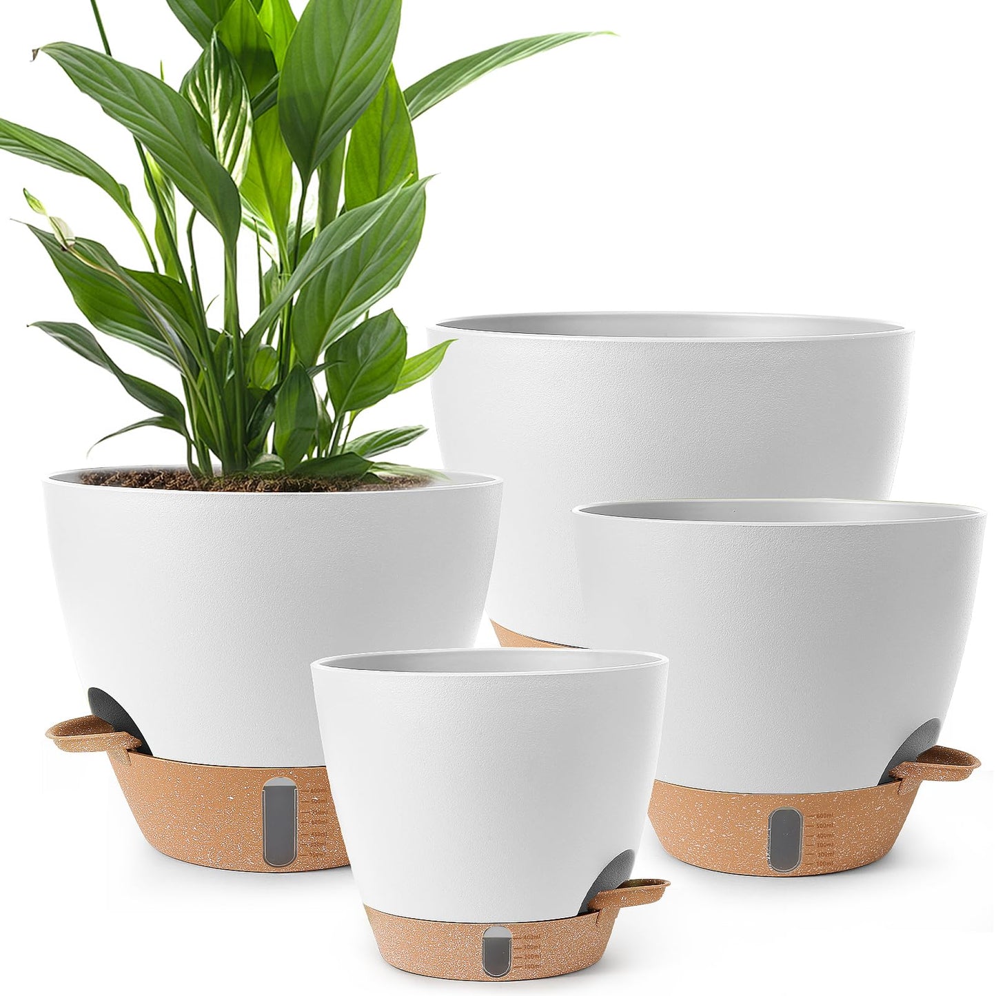 Self Watering Pots for Indoor Plants 12/10/9/8 Inch Large Plastic Self Watering Flower Pots Indoor Outdoor with Drainage Holes, Deep Reservoir,Nursery Planting Pot for Indoor Outdoor Plants White