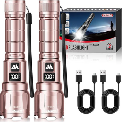 WdtPro LED Rechargeable Flashlight 2 Pack, 3 Modes Super Bright High Lumens Flashlights, Zoomable Tactical Flash Light with LCD Display, IP65 Waterproof Flashlights for Home Emergency Camping - Pink