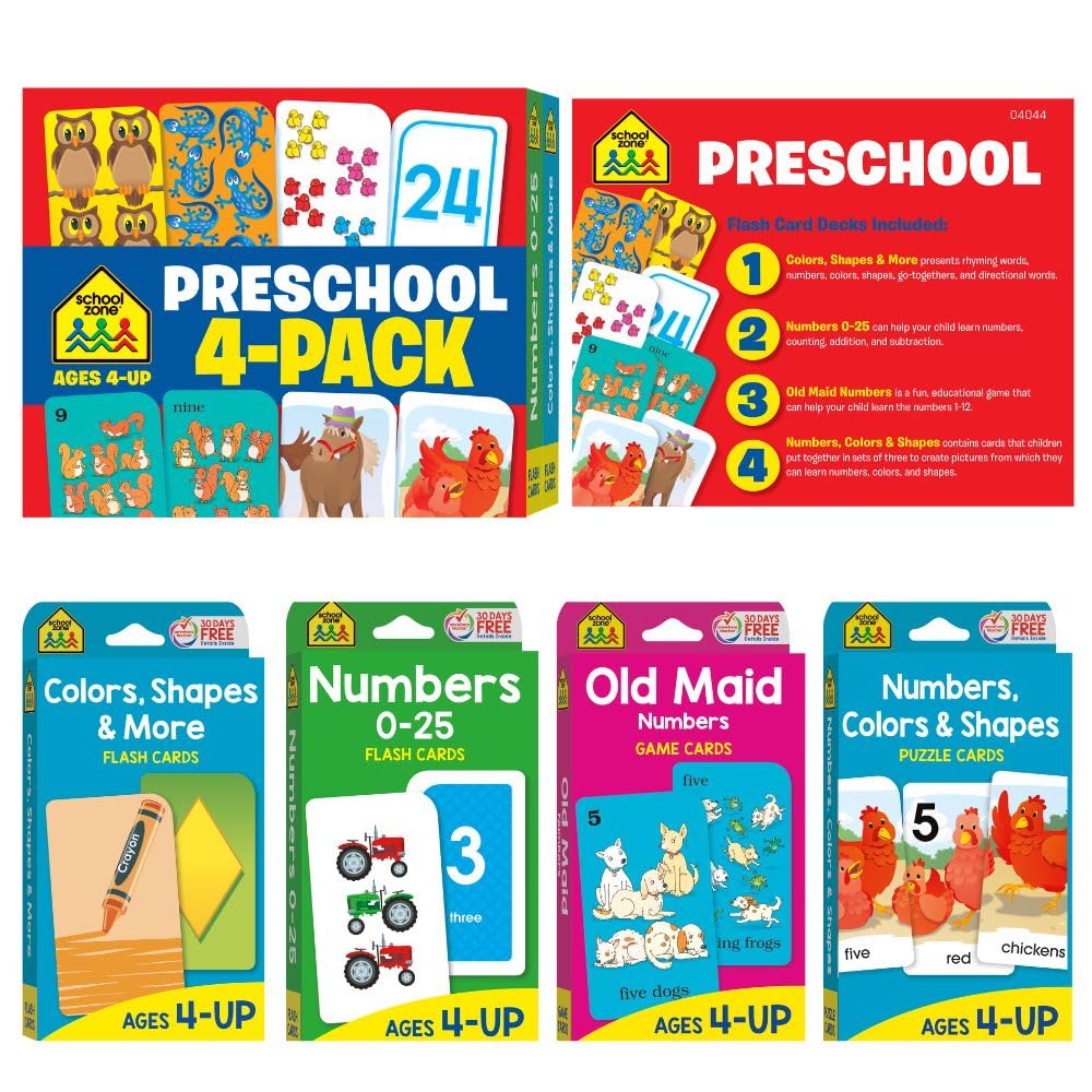 School Zone Preschool 4-Pack Flash Cards: 224 Cards, Pre-K, Colors, Shapes, Numbers 0-25, Old Maid Numbers, Kids Game Cards, Puzzle Cards, Counting, Rhyming Words, Readiness Skills, Ages 4+