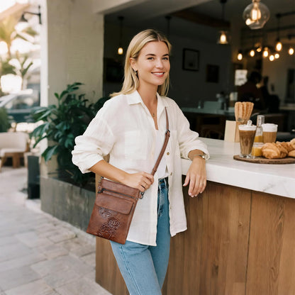 VIMUTI Small Crossbody Purse for Women, Soft Vegan Leather Multi Pocket Zipper Bag with Adjustable Strap Embossed Lightweight Travel Shoulder Bag (Brown)