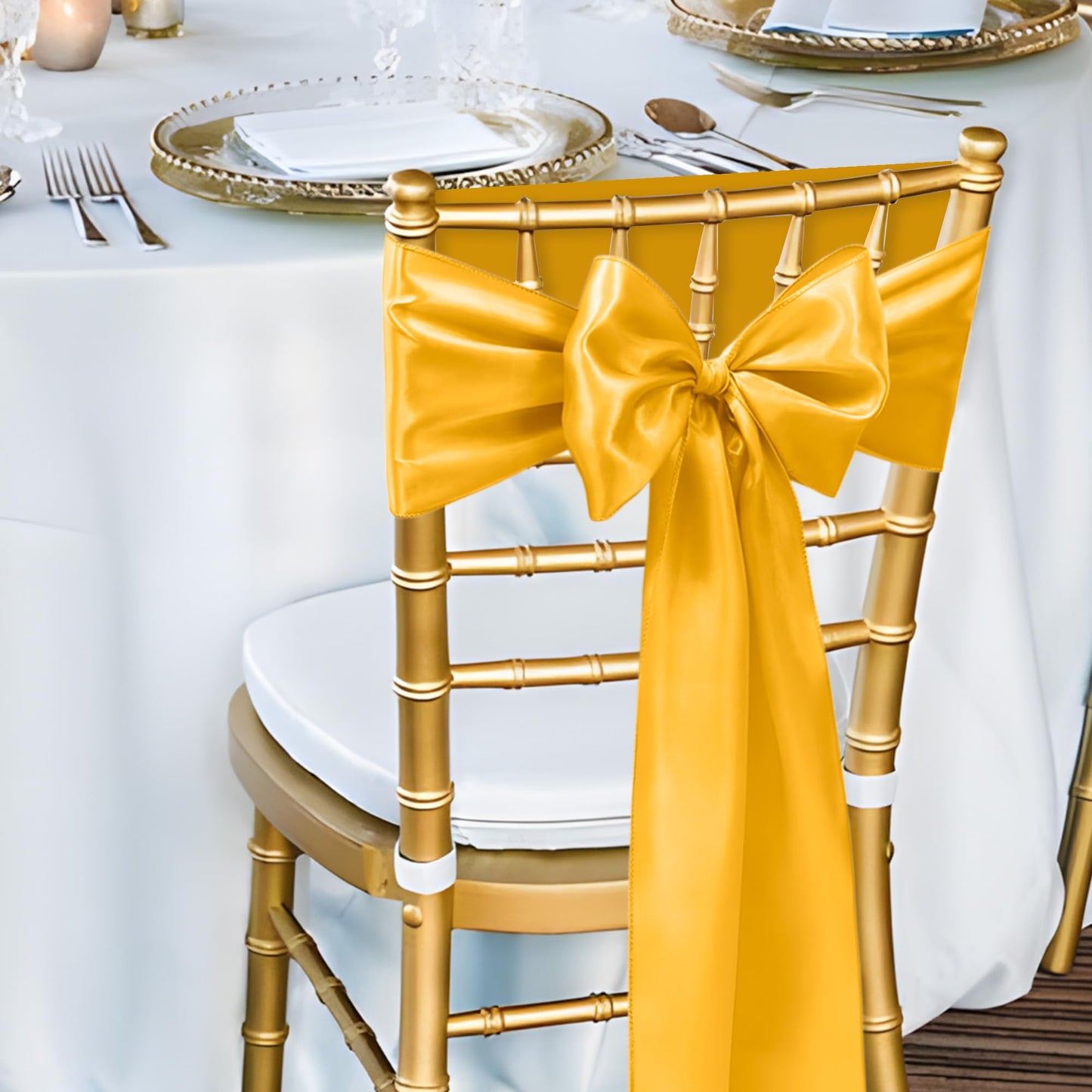 WASIRL Satin Chair Sashes Bows 50 pcs Chair Ribbon Sashes for Wedding Party Reception Events Banquets Hotel Event Chairs Decoration（Gold 7x108 inch）