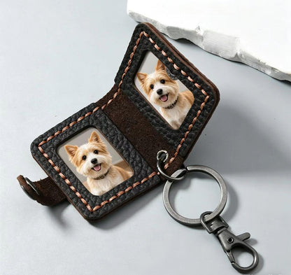 Mini Genuine Leather Photo Card Holder Keychain, Vintage Key Ring Charm with Lobster Clasp for Men Women (Black)