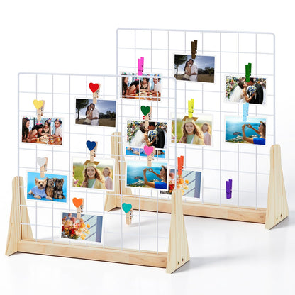 2 Sets Wedding Wall Grid Decorative Panel for Photo Display 19.3x18.5 Inch, Photo Display Panel, Wire Wall Grid, Desk Picture Manager, with 70 Wooden Clips for Shows Crafts Artistic Drawings Photos