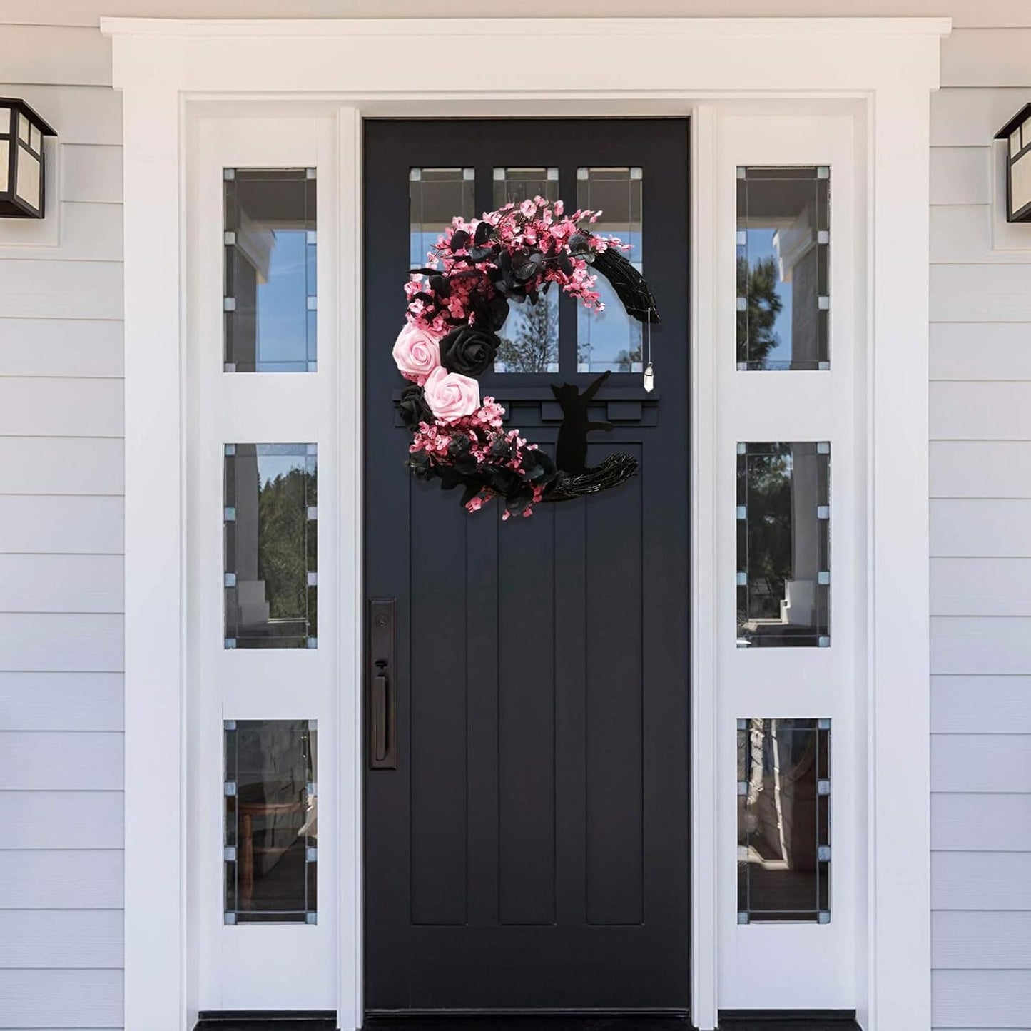 Pink Black Halloween Wreath with Lights, Crescent Moon Cat Pastel Goth Wreath with Rose, Spooky Witchy Gothic Front Door Decor for Indoor Bedroom Wall (Rose)