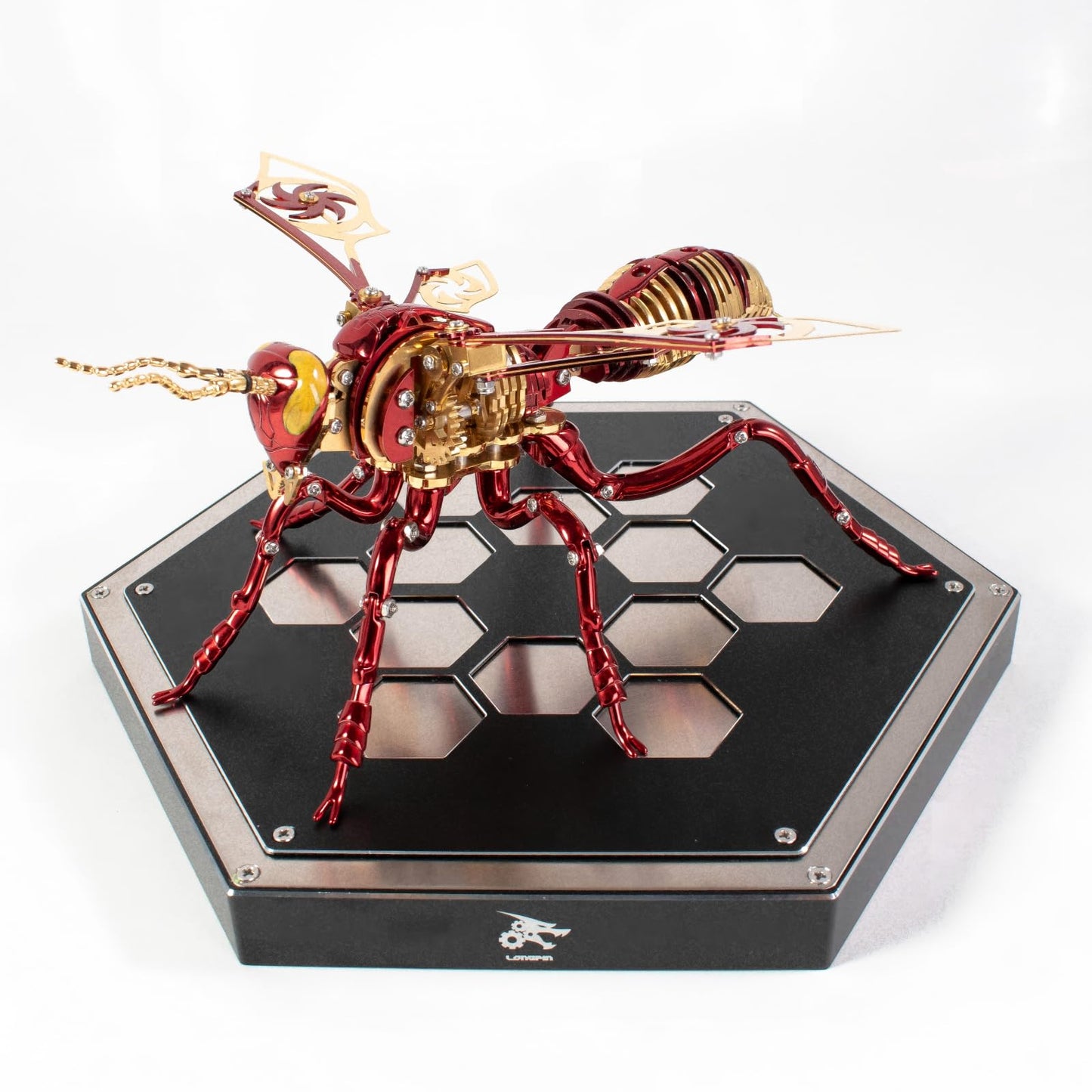 Gold-Plated Metal Bee Model Kit - 3D Stainless Steel Mechanical Insect Puzzle for Adults - Steampunk Bionic Wasp Sculpture - Executive Desktop Art and Stress Relief Gift（Bee-Red-Gold