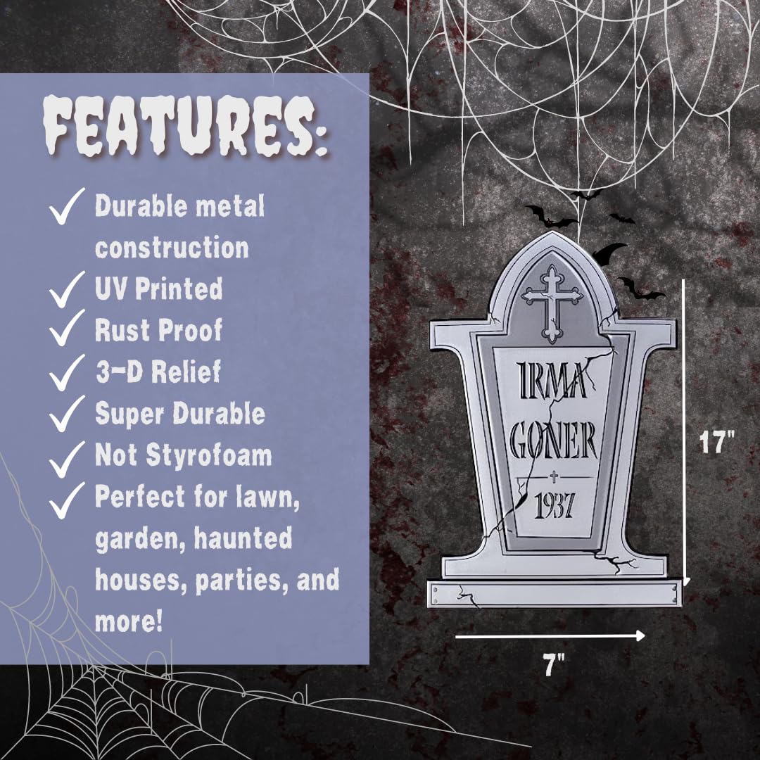 3-D Metal Halloween Ghost XL 17" Tombstone w Stakes -IRMA GONER- Durable, Rustproof, UV Raised Printing- Upgrade Your Haunted House Mansion Cemetary Lawn Decor- No More Flimsy Foam Graveyards