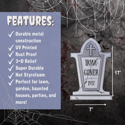 3-D Metal Halloween Ghost XL 17" Tombstone w Stakes -IRMA GONER- Durable, Rustproof, UV Raised Printing- Upgrade Your Haunted House Mansion Cemetary Lawn Decor- No More Flimsy Foam Graveyards