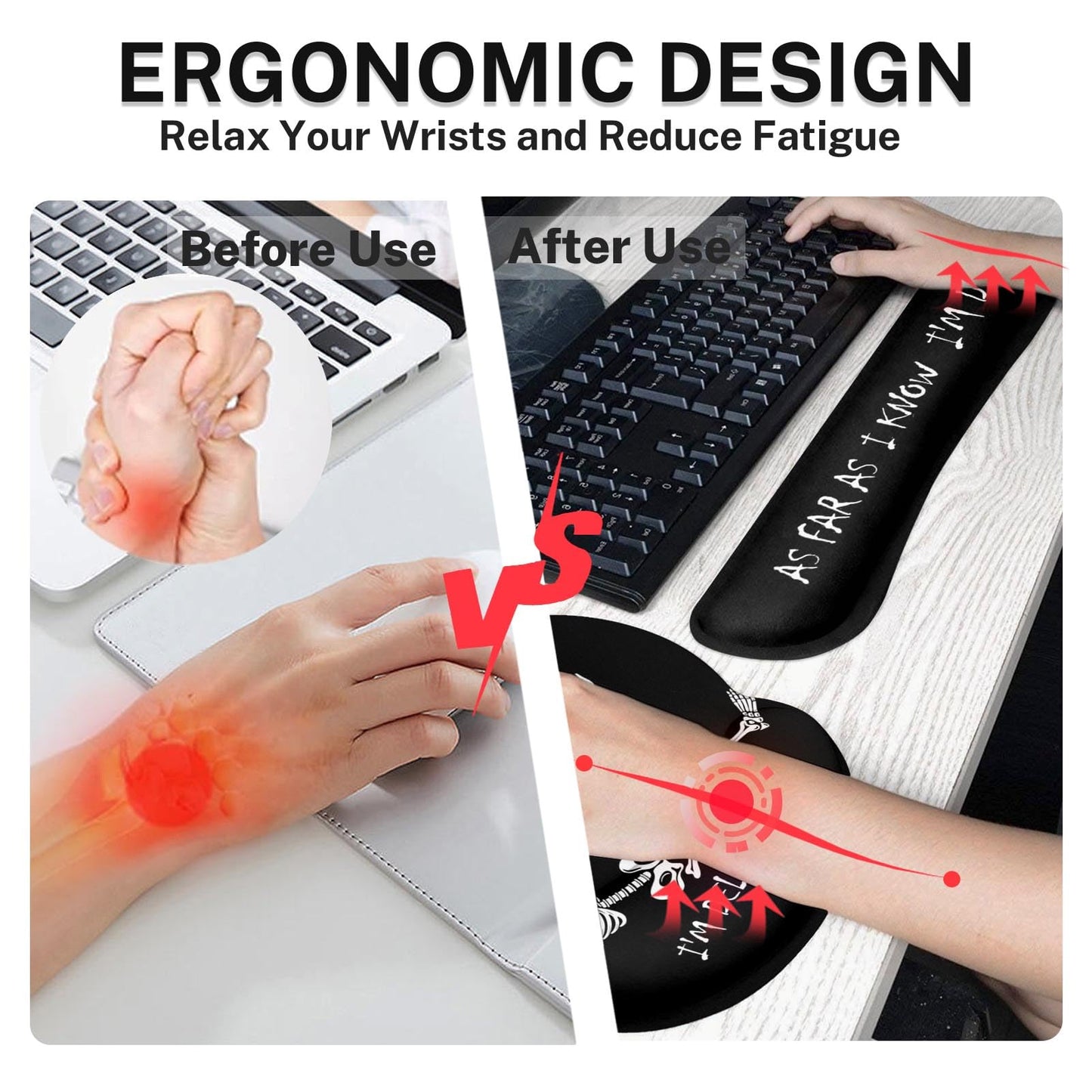 Britimes Black Skull Skeleton Keyboard Mouse Pad Set 4in1 Large Mousepad+Keyboard Wrist Rest+Mouse Wrist Rest+Coaster Set with Ergonomic Design for Home Office Computer 35.4x15.7 inches