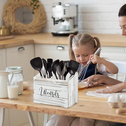 Pyzalar Utensil Holder with 2 Compartments, Utensil Caddy for Kitchen Counter, and Storage for Silverware Fork Spoon Spatula (White)