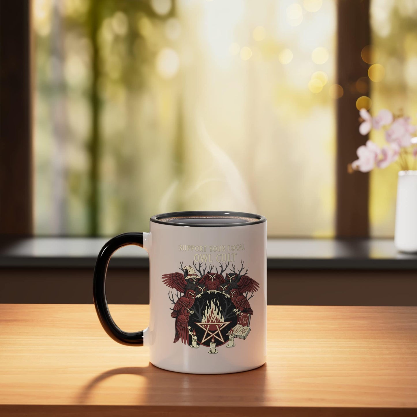 Owl Cult Funny Occult Witches Halloween Spooky Graphic Ceramic Mug, Black/White