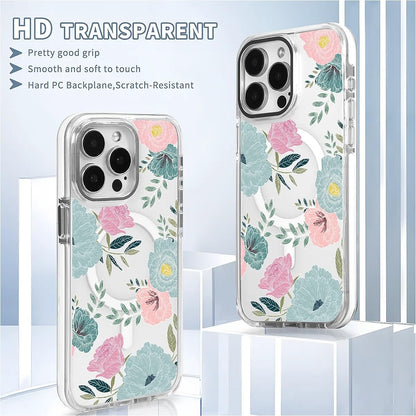 TAMEFOX for iPhone 15 Pro Max Clear Case, Campatible with Magsafe,Blue Red Camellia Soft TPU Slim Magnetic for Women Girl Protective Case for iPhone 15 Pro Max-6.7 Inch (White)