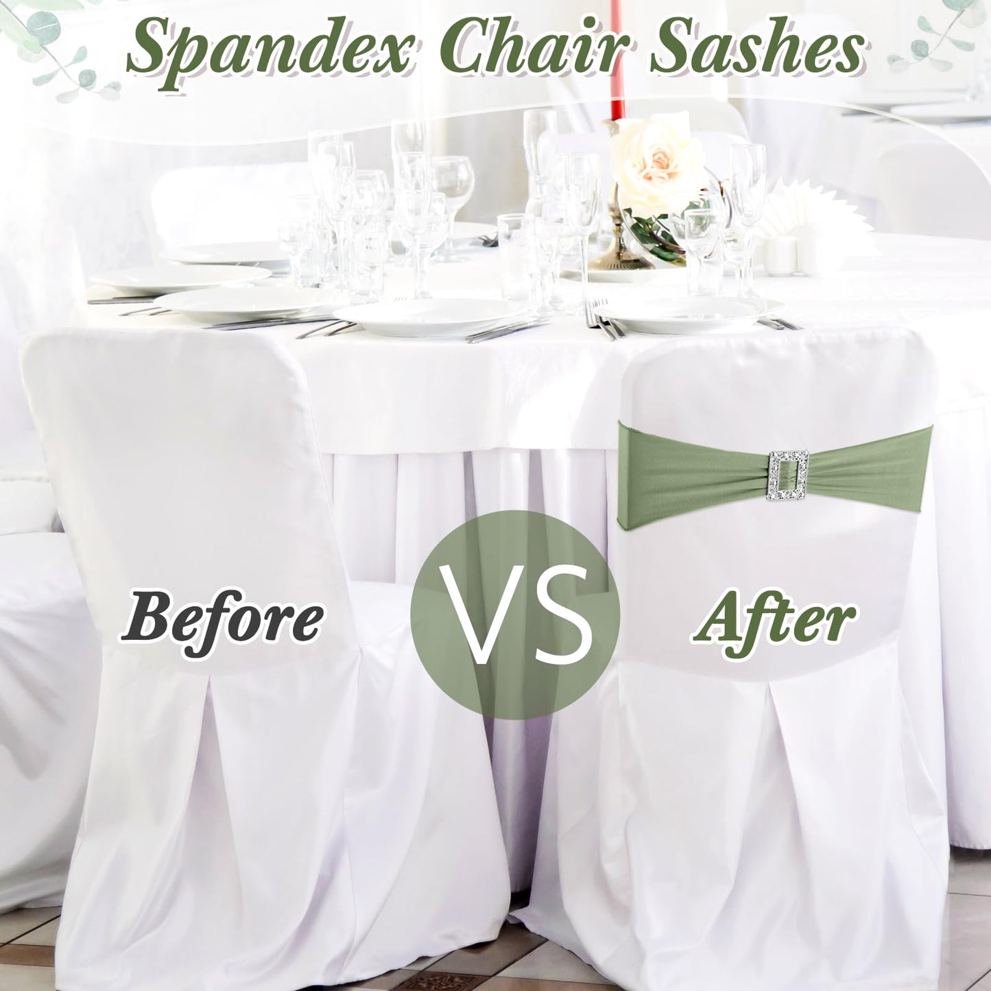 CHENGU 50 Pcs Spandex Chair Sashes with Square Buckle Slider Stretch Dining Chair Slipcovers Band Universal Elastic Ties Bows for Wedding Banquet Event Party Decoration(Sage Green)