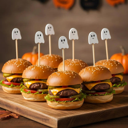 100 Pcs Ghost Cocktail Picks for Halloween and Fall – Bamboo Toothpicks with Cute Ghost Design for Appetizers, Fruit, Desserts, Coffee Drinks, Cake Toppers and Party Decorations (white)