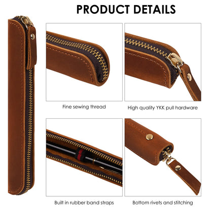 JANKOW Crazy Horse Leather Pen Pouch Handmade, Single Pen Case Fountain Pen Sleeve Holder Pouch Cover Vintage, Mini Pencil Bag (Brown)