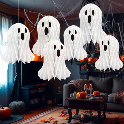 LUANTIANPAI Halloween Ghost Honeycomb Hanging Decorations 6 Pcs White Table Centerpiece Paper Hanging Ornaments Halloween Party Window Spooky Haunted House Desk Decor