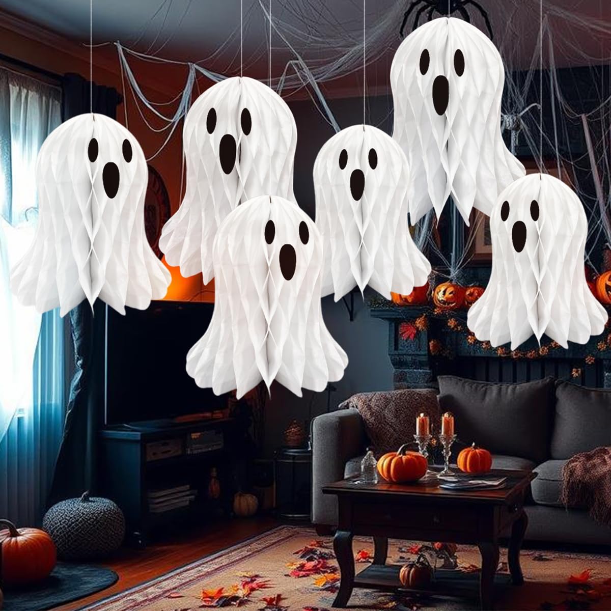 LUANTIANPAI Halloween Ghost Honeycomb Hanging Decorations 6 Pcs White Table Centerpiece Paper Hanging Ornaments Halloween Party Window Spooky Haunted House Desk Decor