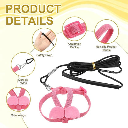 Bird Harness Leash, Adjustable Pet Parrot Bird Harness and Leash Lightweight Anti-Bite Flight Training Rope with Cute Wing, (Pink, L), Intended for Parrots/Pigeons/Budgies