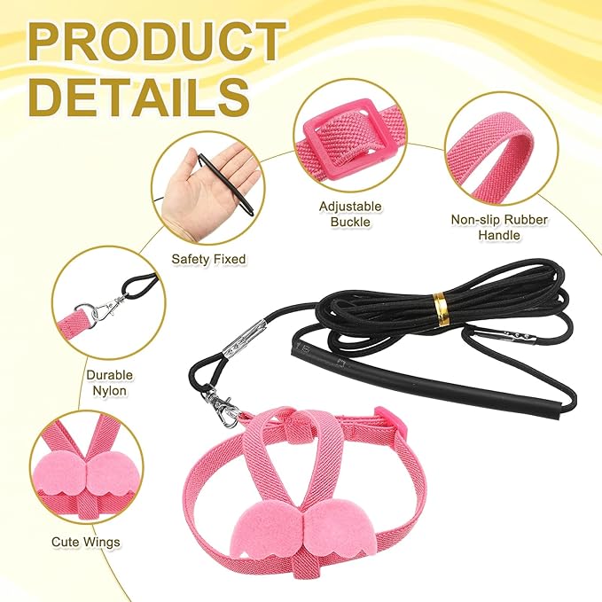 Bird Harness Leash, Adjustable Pet Parrot Bird Harness and Leash Lightweight Anti-Bite Flight Training Rope with Cute Wing, (Pink, XS), Intended for Parrots/Pigeons/Budgies
