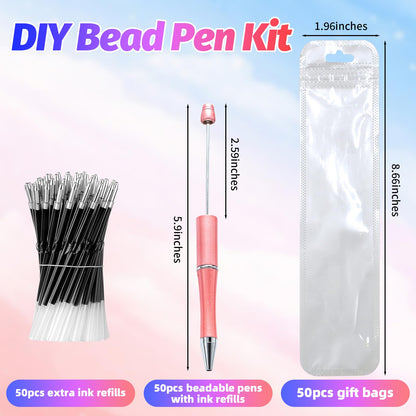 DASTTUIS 150 Pieces DIY Beadable Pen Kit – 50 Plastic Ballpoint Pens with Refills & Bags – School Supplies, Office Accessories & Decorative Items for Students & Teachers （Pink）