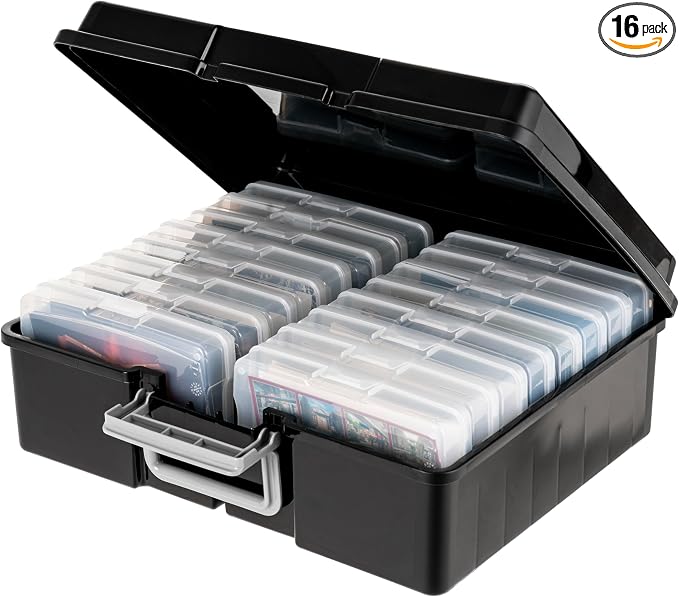 IRIS USA 4" x 6" |Made in USA| Photo Organizers and Picture Storage Box with Handle, 16 Inner Cases/Containers for Tasks, Stickers, Ephemera, & Flashcards - Black/Clear
