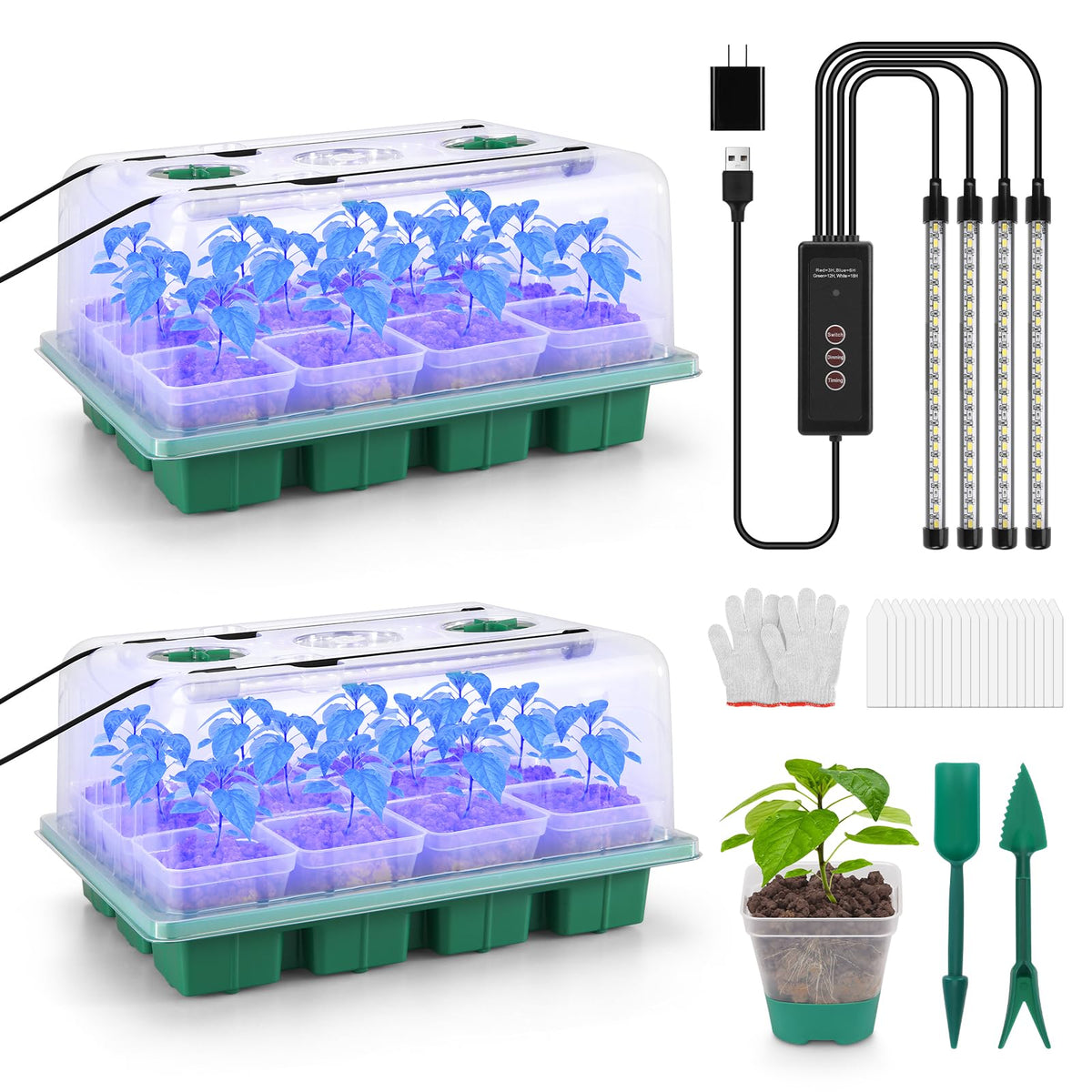BlumWay Seed Starter Tray with Grow Light,24 Pack 2.9 inch Reuseable Clear Nursery Pots with Silicone Base/Humidity Dome for Deep-Rooted Seedlings,Adjustable Timed Light Plant Starter Set